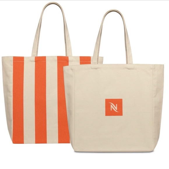 Nespresso Handbags - Nespresso Cotton Canvas Tote Bag Pantone Mandarin Orange Stripe NWT Reusable